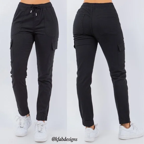 LAST 2! Baggy Black cargo pants with button closure and drawstring tie! - Picture 2 of 6